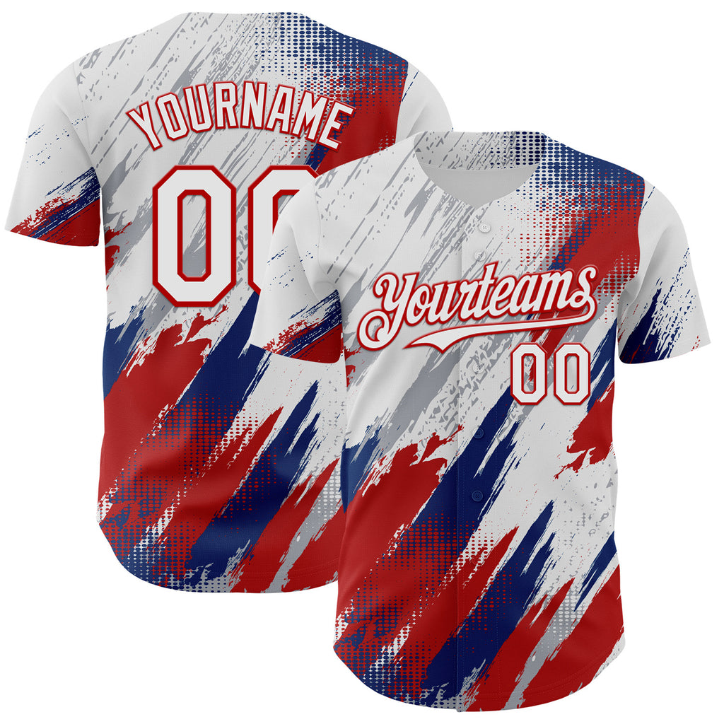 Custom White Gray Red-US Navy Blue Diagonal Grunge Brush Stroke Halftone Authentic Baseball Jersey