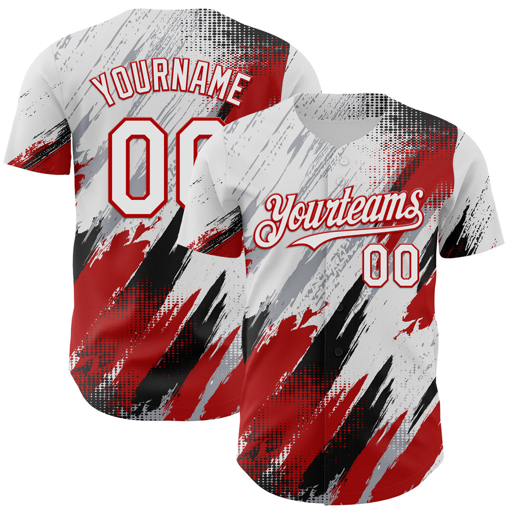 Custom White Gray Red-Black Diagonal Grunge Brush Stroke Halftone Authentic Baseball Jersey