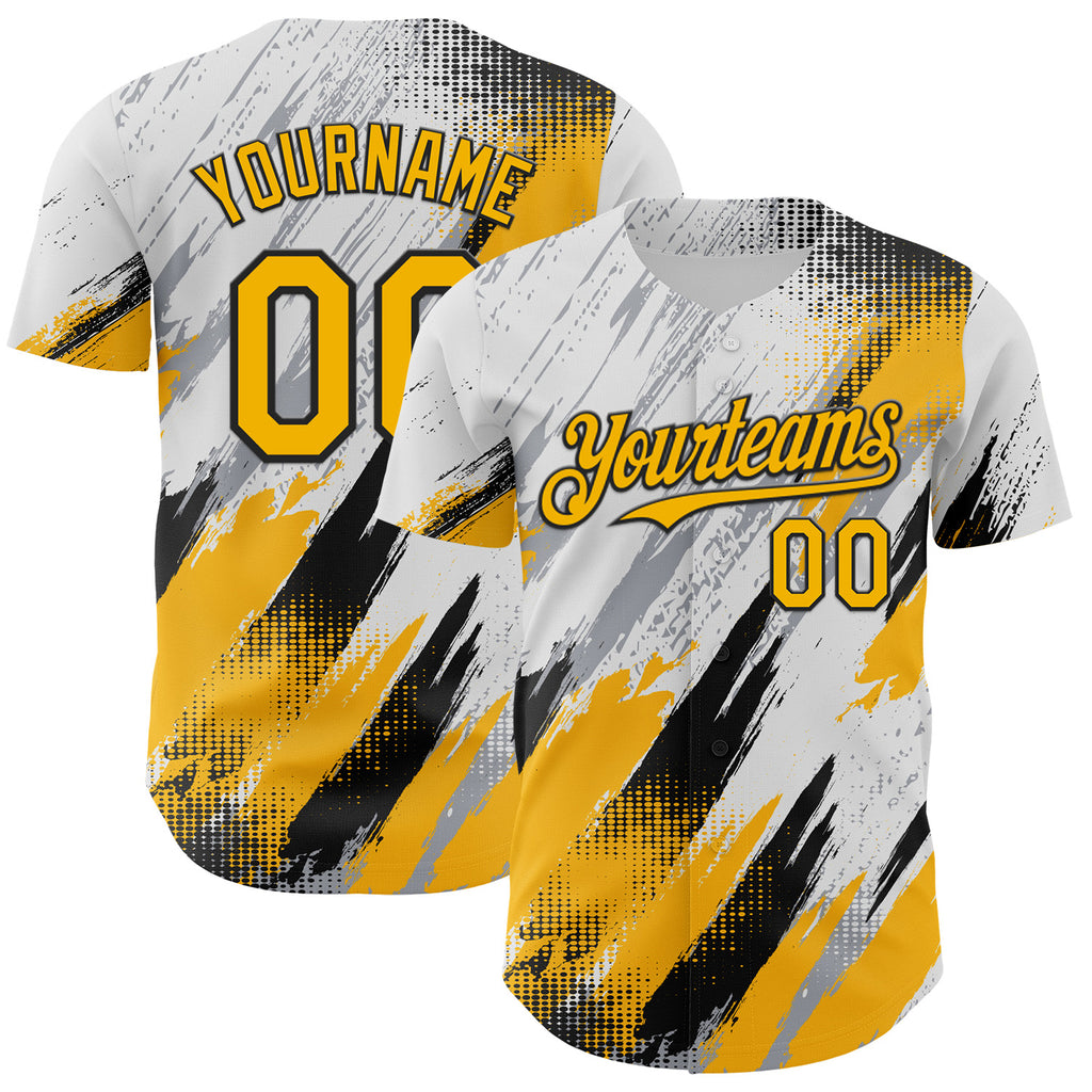 Custom White Gold Gray-Black Diagonal Grunge Brush Stroke Halftone Authentic Baseball Jersey