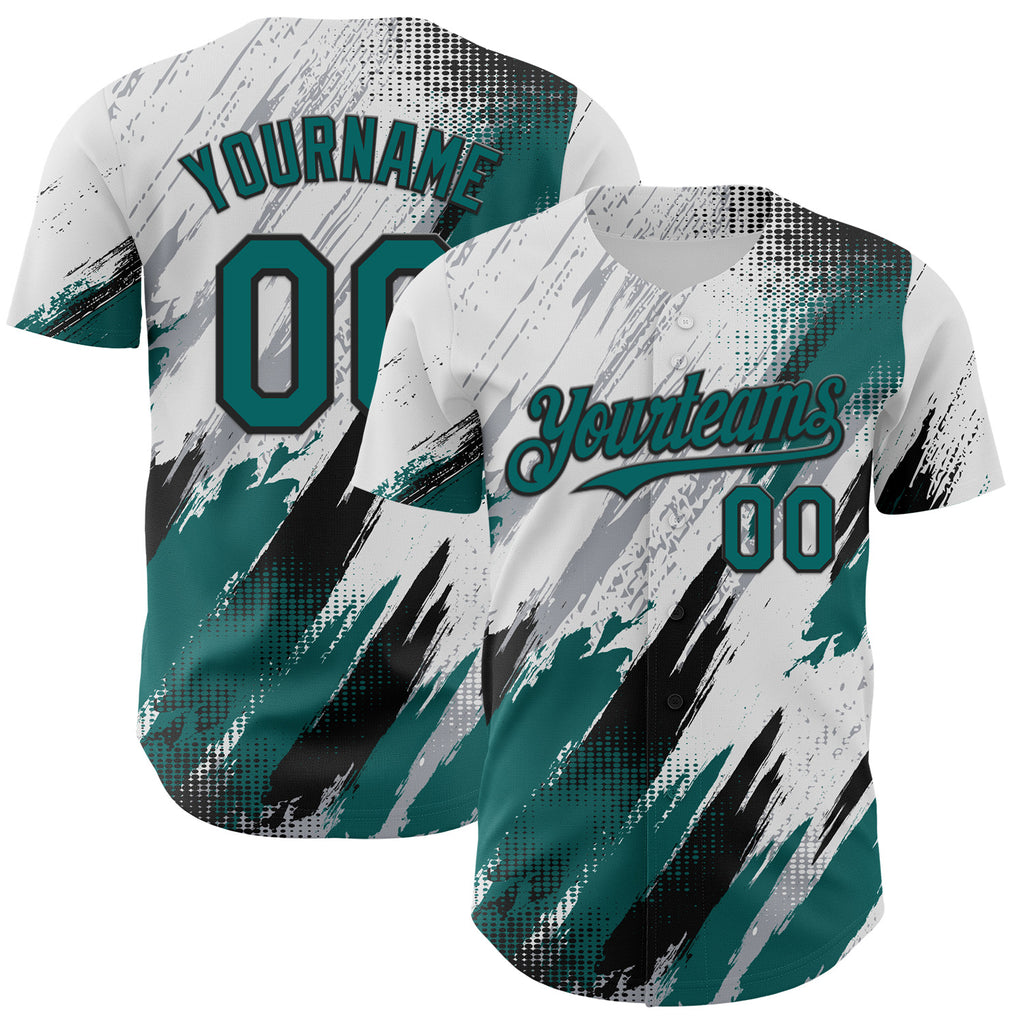 Custom White Teal Gray-Black Diagonal Grunge Brush Stroke Halftone Authentic Baseball Jersey