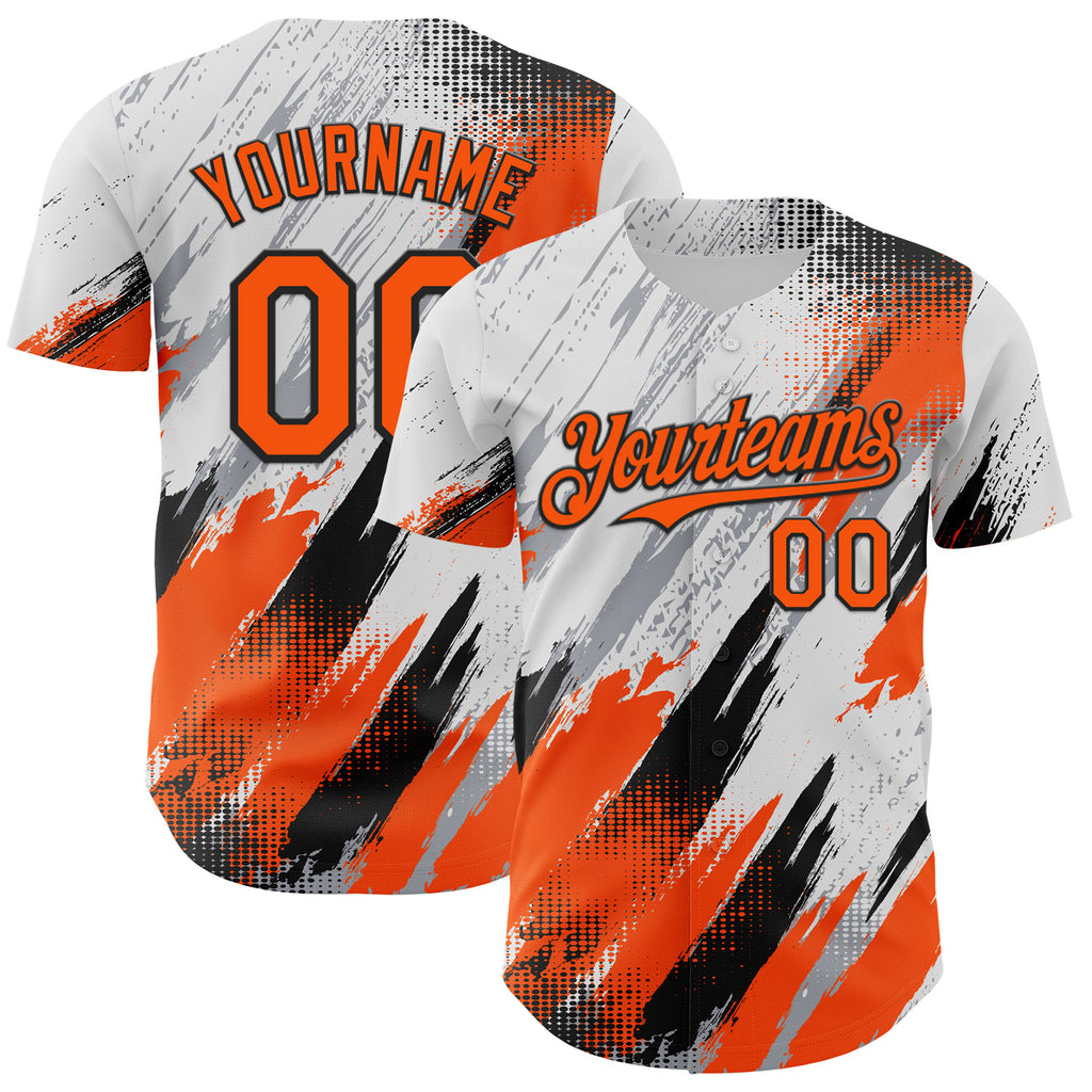 Custom White Orange Gray-Black Diagonal Grunge Brush Stroke Halftone Authentic Baseball Jersey
