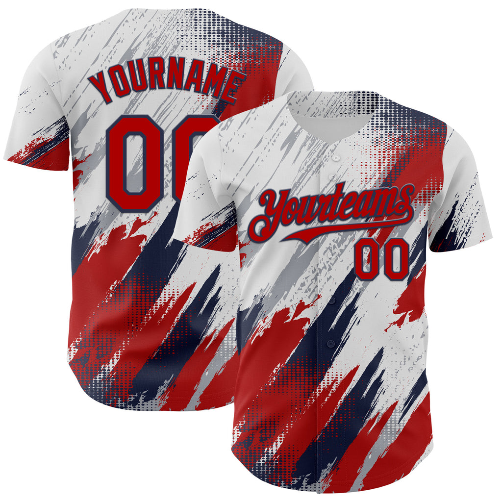 Custom White Red Gray-Navy Diagonal Grunge Brush Stroke Halftone Authentic Baseball Jersey