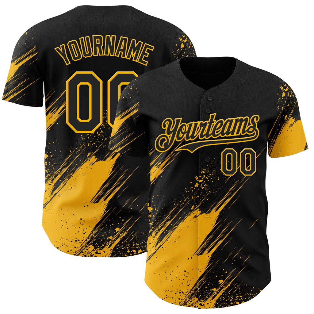Custom Black-Gold Diagonal Scratch Brush Stroke Paint Splatter Authentic Baseball Jersey