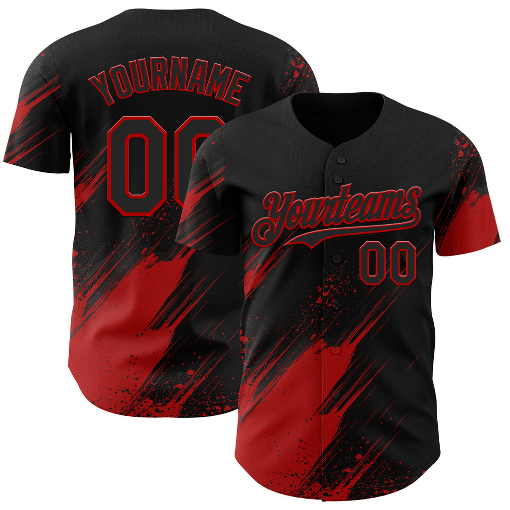 Custom Black-Red Diagonal Scratch Brush Stroke Paint Splatter Authentic Baseball Jersey