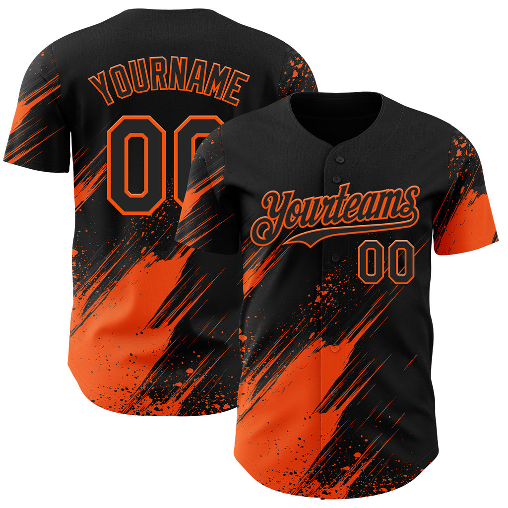 Custom Black-Orange Diagonal Scratch Brush Stroke Paint Splatter Authentic Baseball Jersey