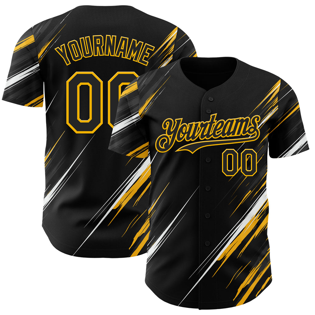 Custom Black White-Gold Diagonal Scratch Brush Stroke Authentic Baseball Jersey