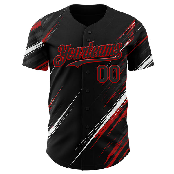 Custom Black White-Red Diagonal Scratch Brush Stroke Authentic Baseball Jersey