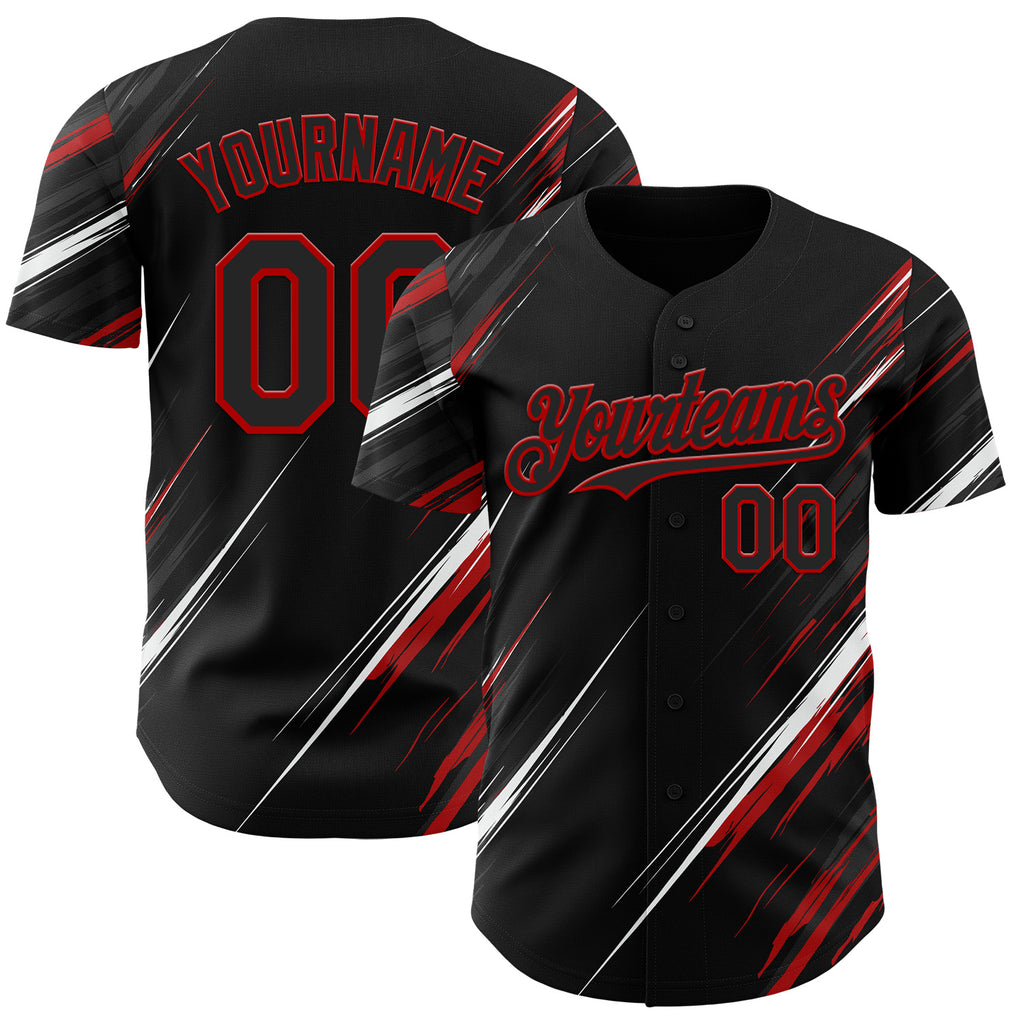 Custom Black White-Red Diagonal Scratch Brush Stroke Authentic Baseball Jersey