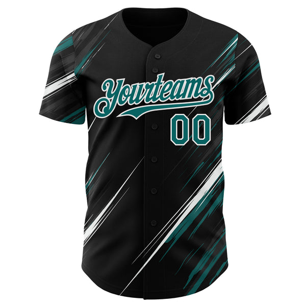 Custom Black Teal-White Diagonal Scratch Brush Stroke Authentic Baseball Jersey