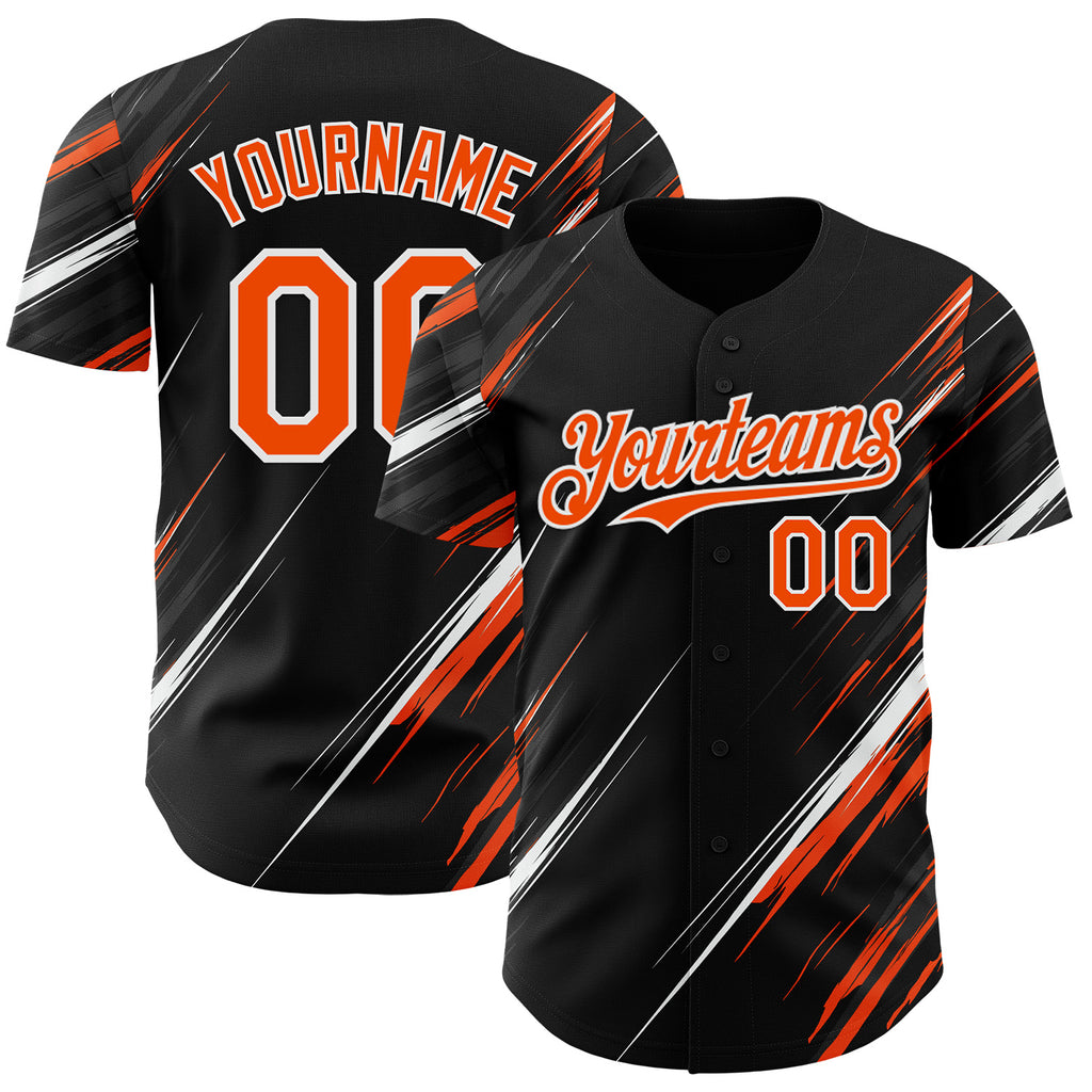 Custom Black Orange-White Diagonal Scratch Brush Stroke Authentic Baseball Jersey