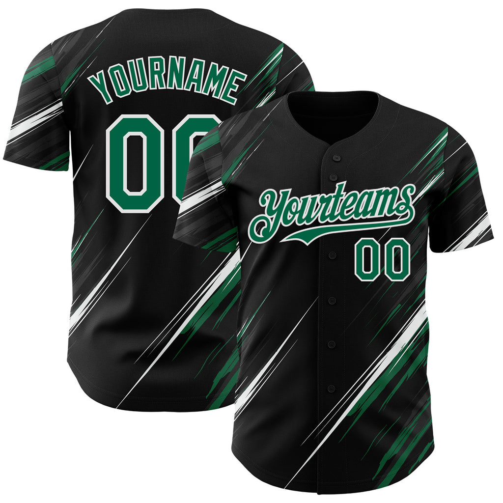 Custom Black Kelly Green-White Diagonal Scratch Brush Stroke Authentic Baseball Jersey