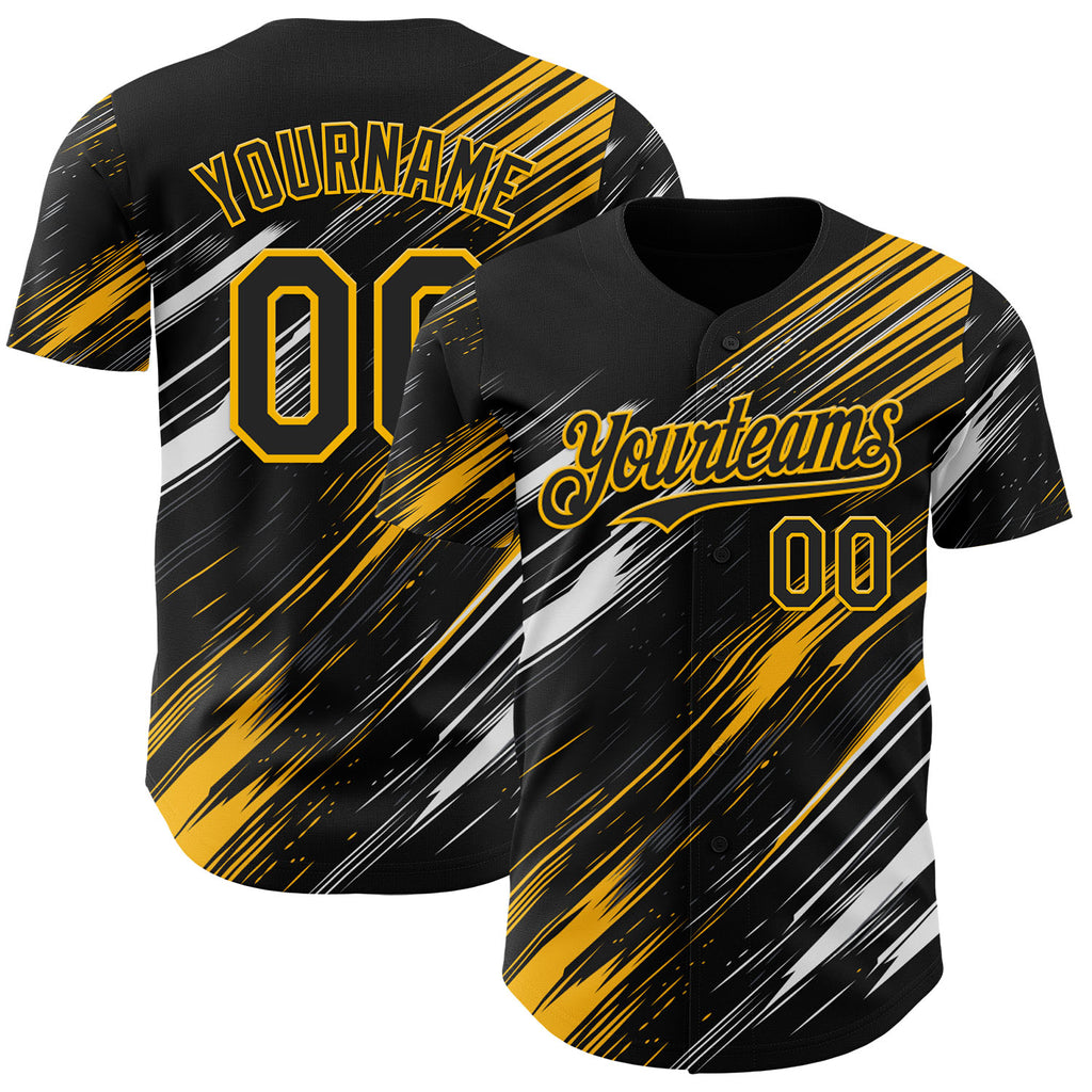 Custom Black White-Gold Diagonal Scratch Brush Stroke Authentic Baseball Jersey