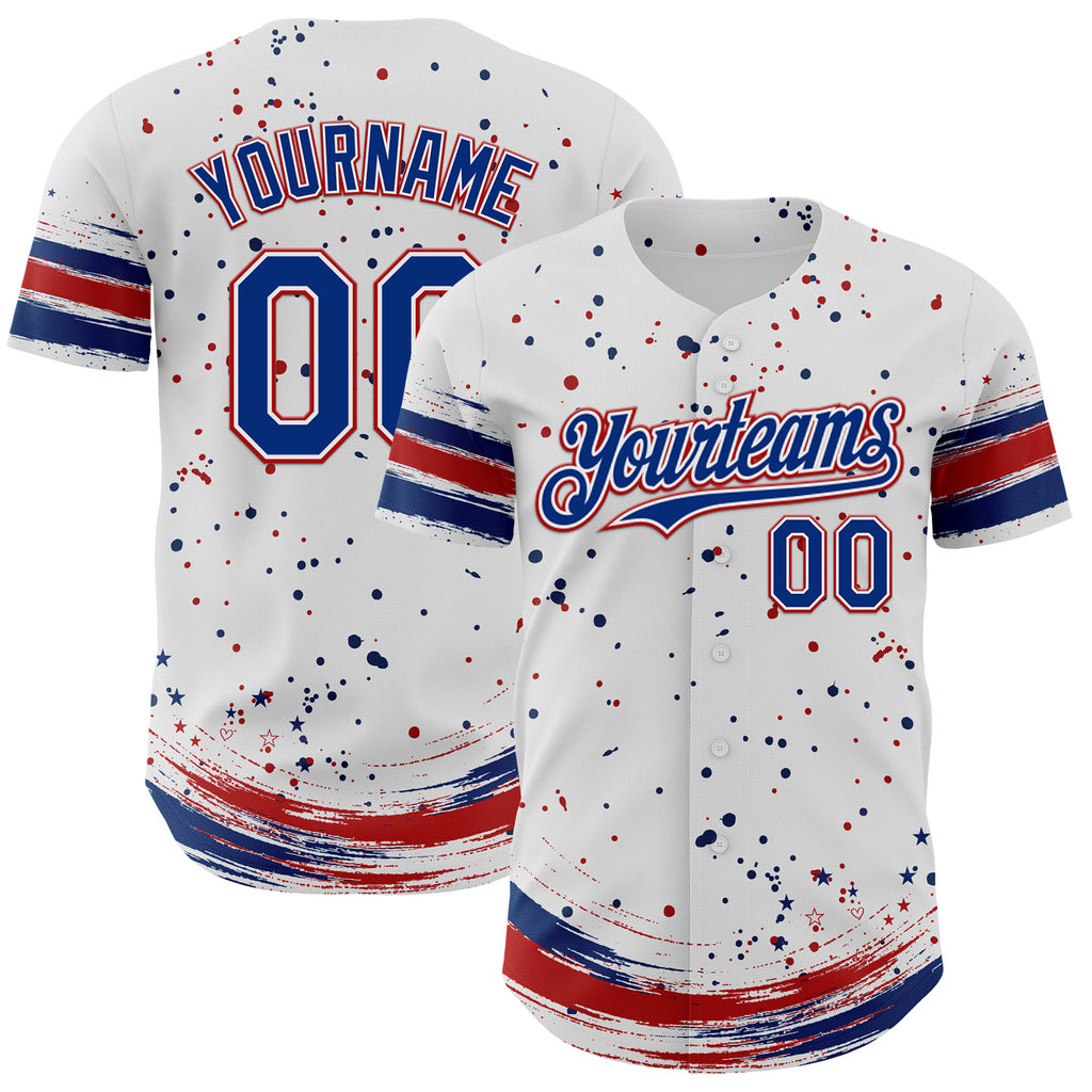 Custom White Royal-Red Stars Paint Splatter Brush Stroke Authentic Baseball Jersey