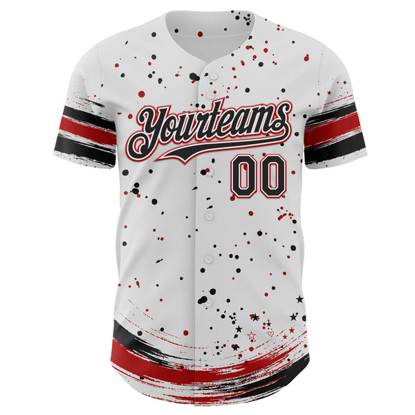 Custom White Black-Red Stars Paint Splatter Brush Stroke Authentic Baseball Jersey