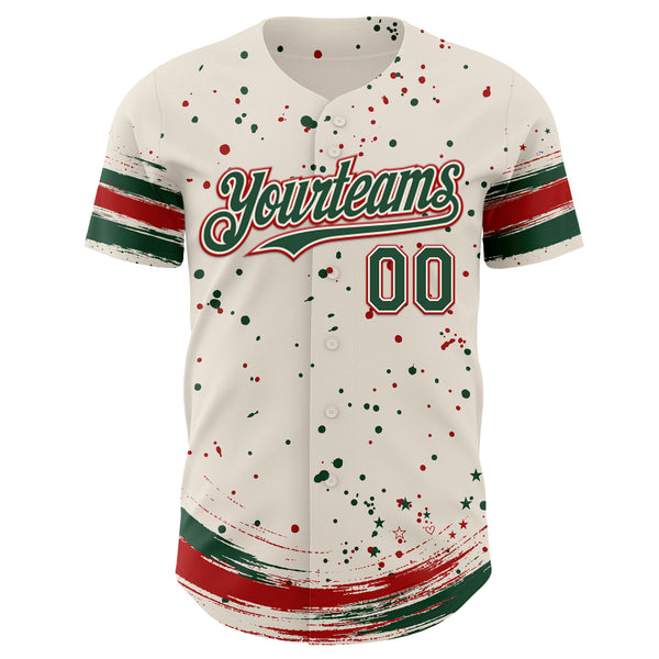 Custom Cream Green-Red Stars Paint Splatter Brush Stroke Authentic Baseball Jersey