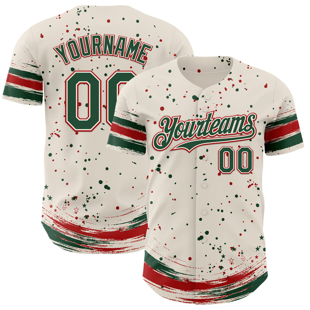 Custom Cream Green-Red Stars Paint Splatter Brush Stroke Authentic Baseball Jersey