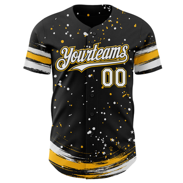 Custom Black White-Gold Stars Paint Splatter Brush Stroke Authentic Baseball Jersey