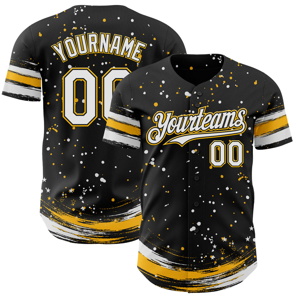 Custom Black White-Gold Stars Paint Splatter Brush Stroke Authentic Baseball Jersey