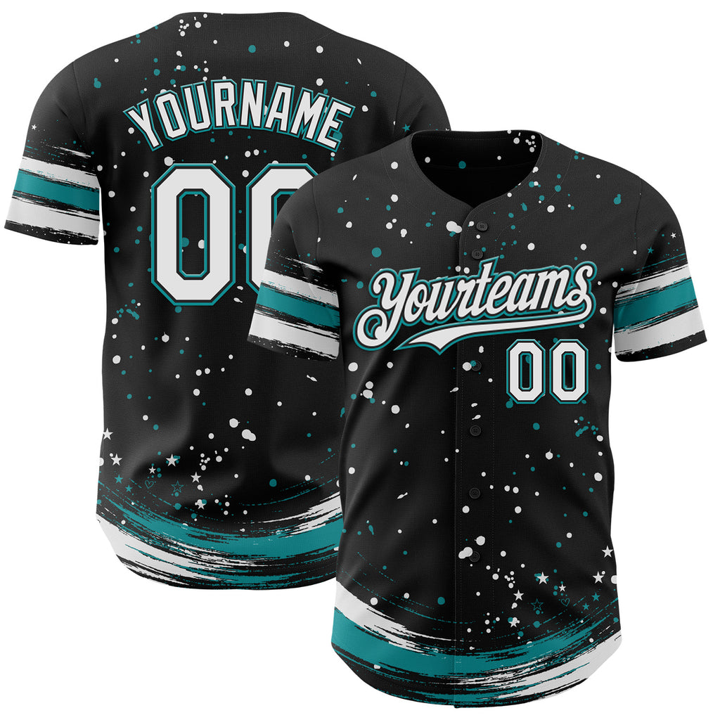 Custom Black White-Teal Stars Paint Splatter Brush Stroke Authentic Baseball Jersey
