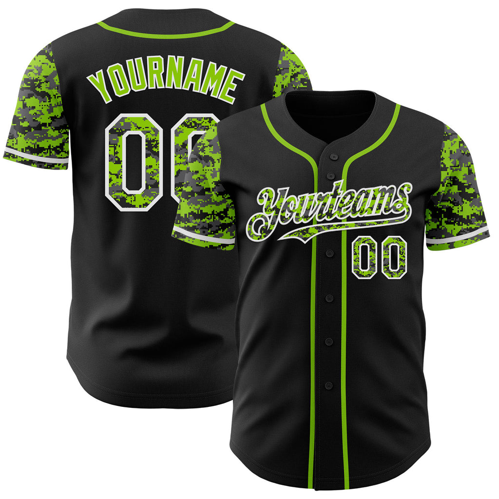 Custom Black Neon Green-White Digital Camo Two Tone Authentic Baseball Jersey