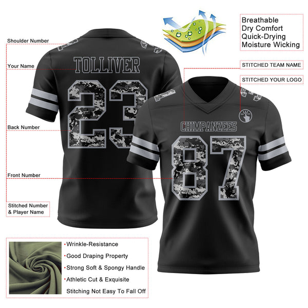Custom Black-Gray Authentic Pixel Digital Camo Football Jersey