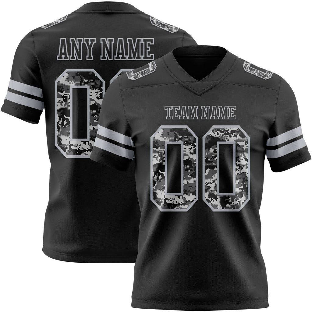 Custom Black-Gray Authentic Pixel Digital Camo Football Jersey