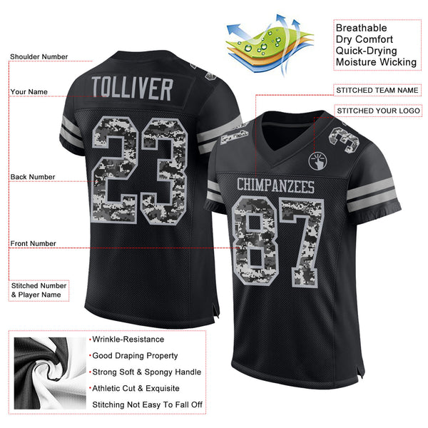 Custom Black-Gray Mesh Authentic Pixel Digital Camo Football Jersey