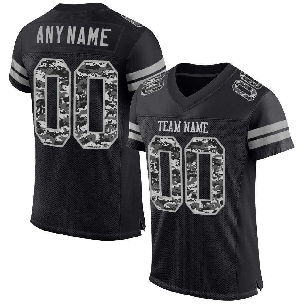 Custom Black-Gray Mesh Authentic Pixel Digital Camo Football Jersey