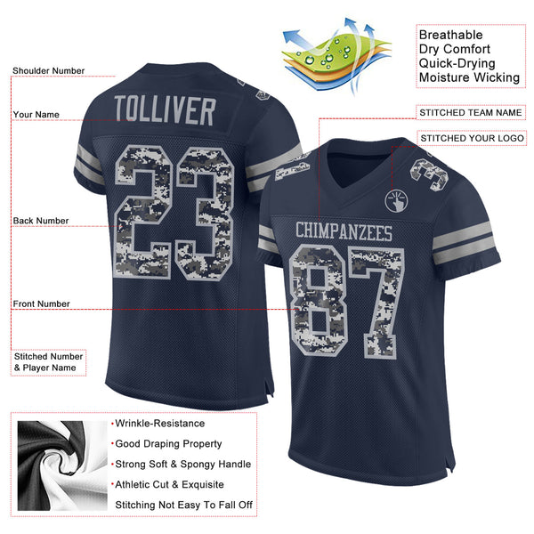Custom Navy-Gray Mesh Authentic Pixel Digital Camo Football Jersey
