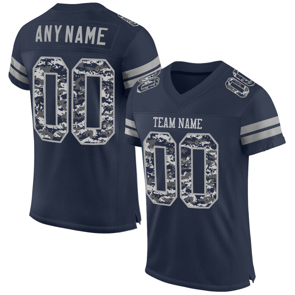 Custom Navy-Gray Mesh Authentic Pixel Digital Camo Football Jersey