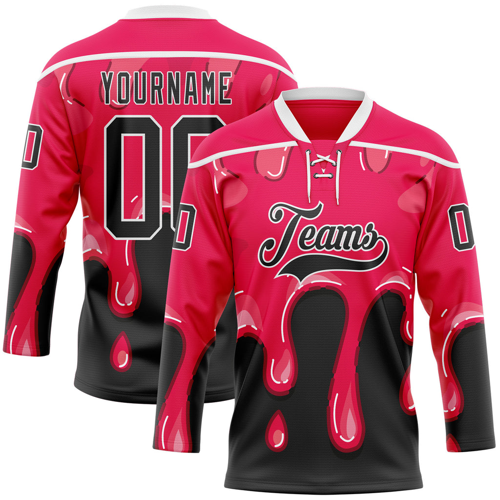 Custom Hot Pink Black-White Melting Dripping Strawberry Lace Neck Hockey Jersey