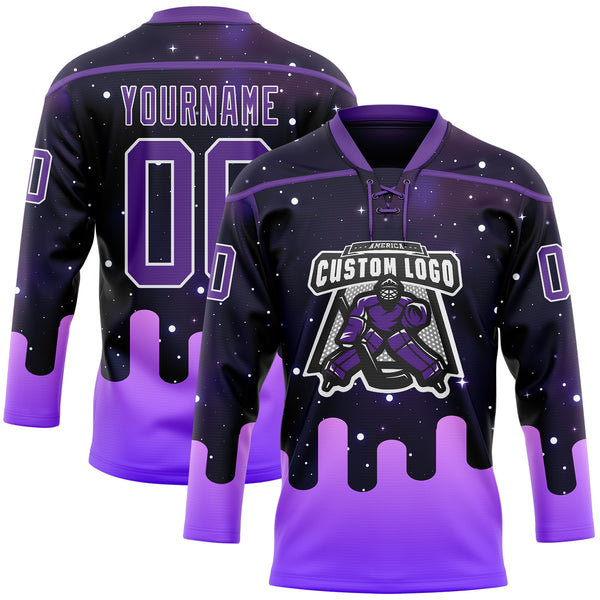 Custom Black Purple-White Melting Rave Psychedelic Galaxy Space Lace Neck Hockey Jersey