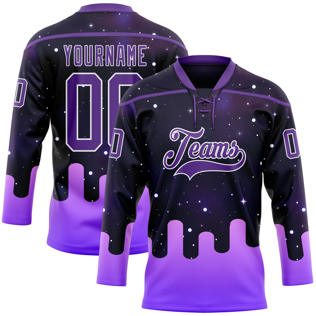 Custom Black Purple-White Melting Rave Psychedelic Galaxy Space Lace Neck Hockey Jersey
