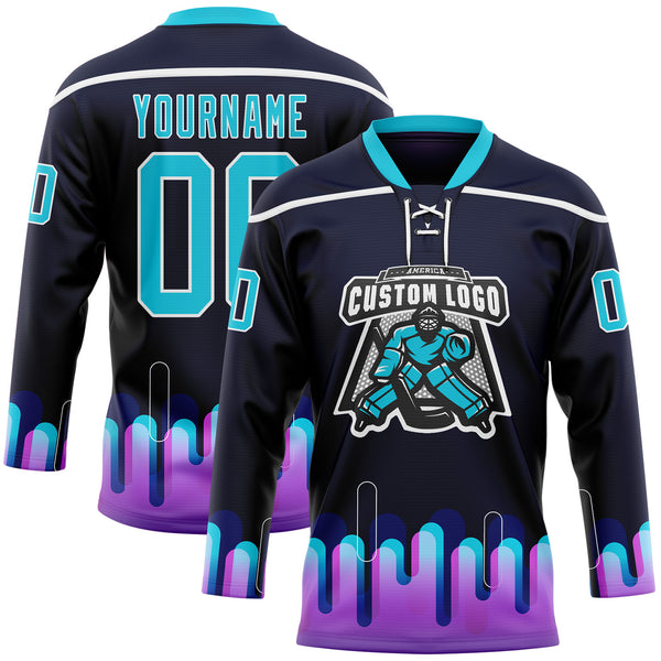 Custom Black Lakes Blue Purple-White Melting Rave Psychedelic Lace Neck Hockey Jersey