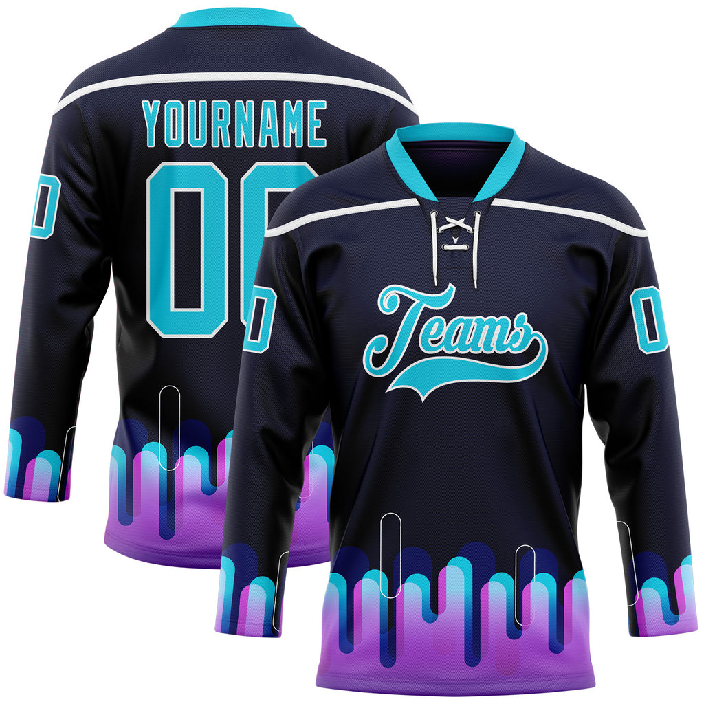 Custom Black Lakes Blue Purple-White Melting Rave Psychedelic Lace Neck Hockey Jersey