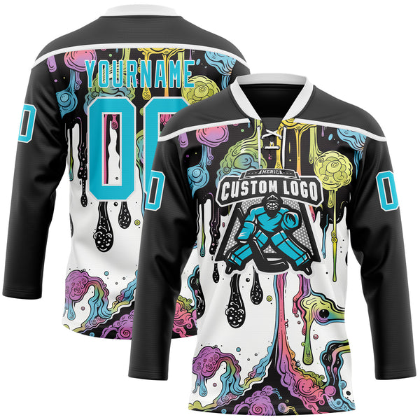 Custom Black Lakes Blue-White Melting Rave Psychedelic Lace Neck Hockey Jersey