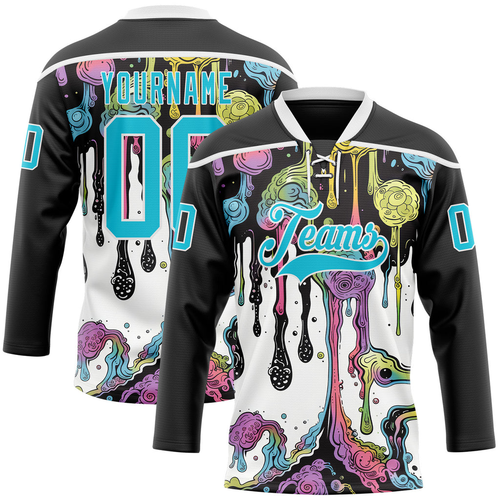 Custom Black Lakes Blue-White Melting Rave Psychedelic Lace Neck Hockey Jersey