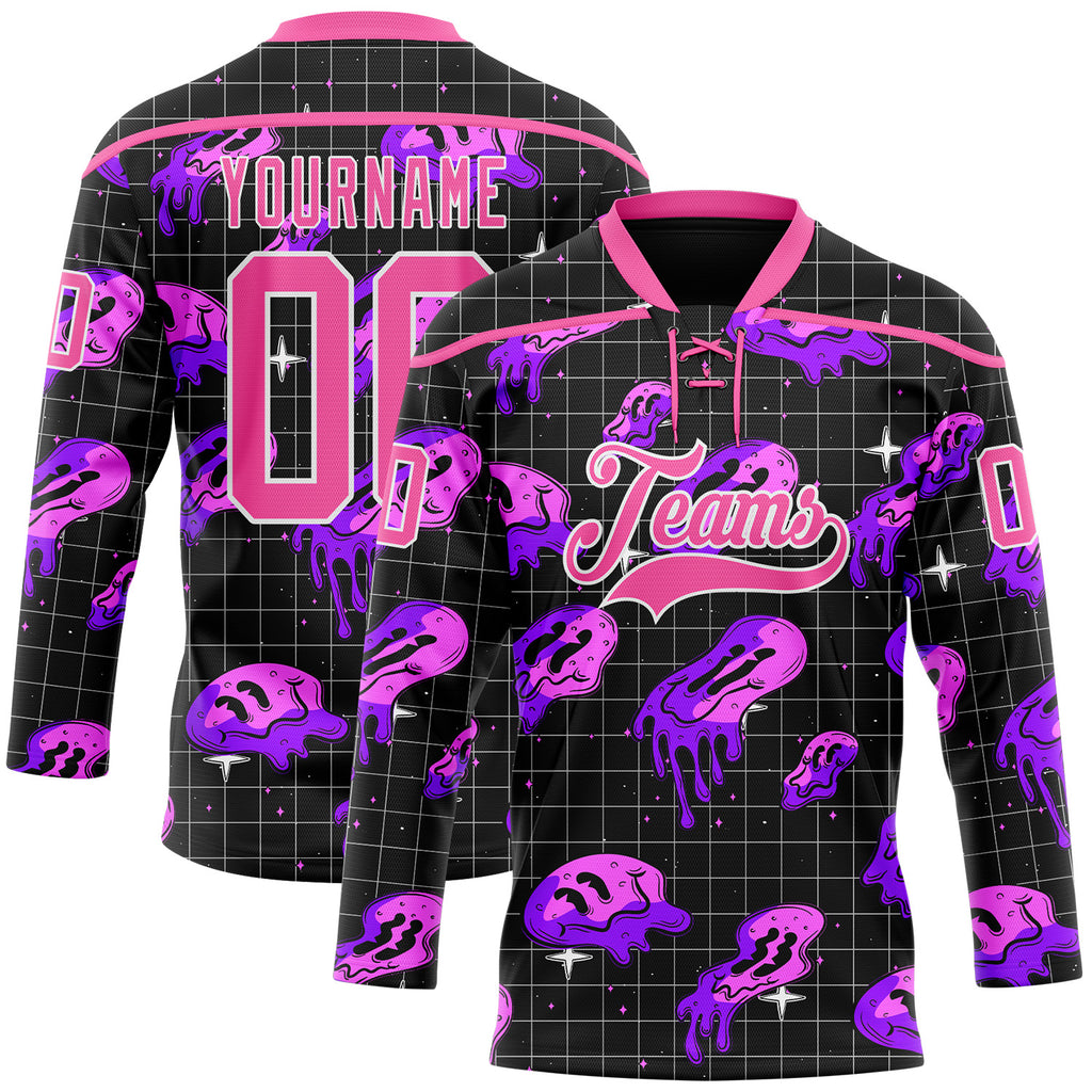 Custom Black Pink Purple-White Melting Rave Psychedelic Checkerboard Lace Neck Hockey Jersey
