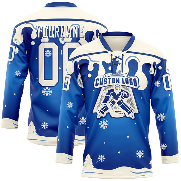 Custom Royal-Cream Melting Snow Lace Neck Hockey Jersey