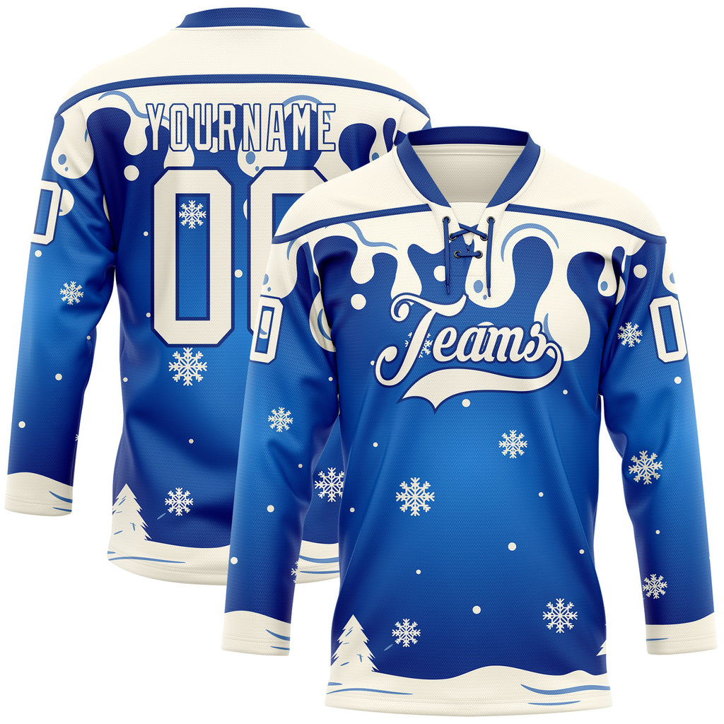 Custom Royal-Cream Melting Snow Lace Neck Hockey Jersey