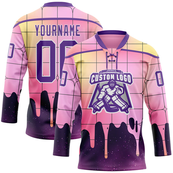 Custom Pink Purple Yellow-White Melting Rave Psychedelic Checkerboard Lace Neck Hockey Jersey