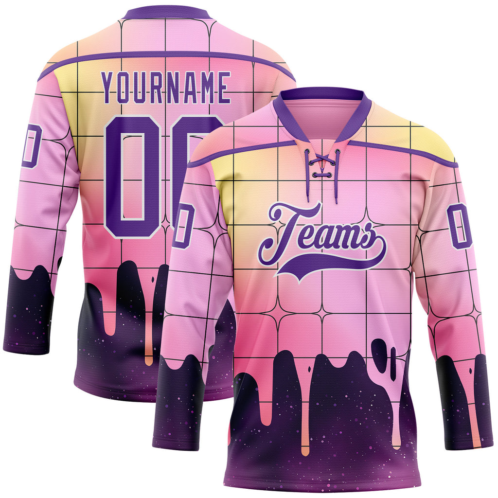 Custom Pink Purple Yellow-White Melting Rave Psychedelic Checkerboard Lace Neck Hockey Jersey