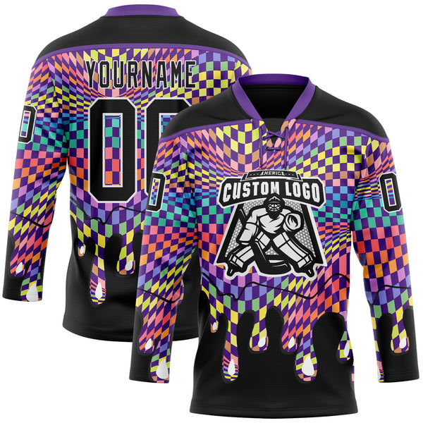 Custom Black White-Purple Melting Rave Psychedelic Checkerboard Lace Neck Hockey Jersey