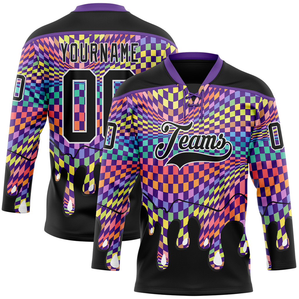 Custom Black White-Purple Melting Rave Psychedelic Checkerboard Lace Neck Hockey Jersey