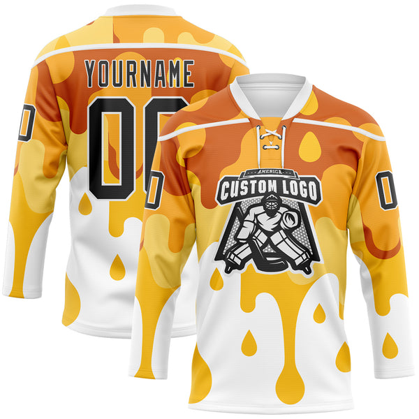 Custom Yellow Black-White Melting Foodie Cheese Lace Neck Hockey Jersey