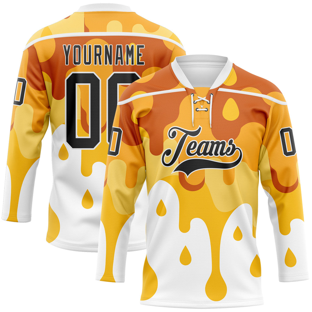 Custom Yellow Black-White Melting Foodie Cheese Lace Neck Hockey Jersey