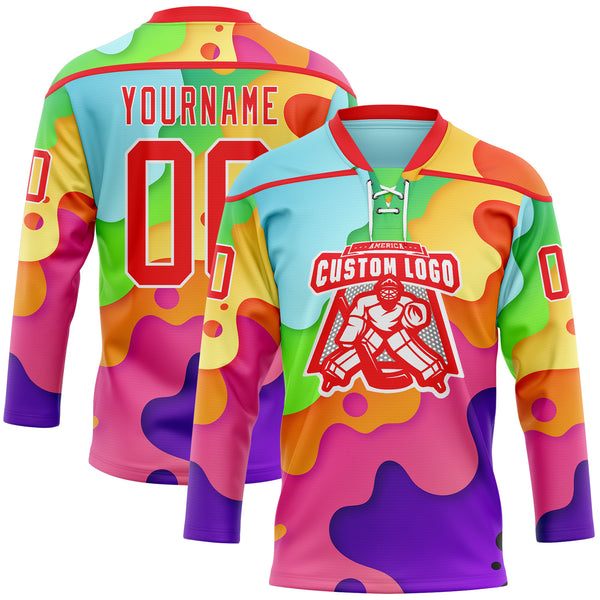 Custom Purple Fire Red-White Melting Rave Psychedelic Lace Neck Hockey Jersey