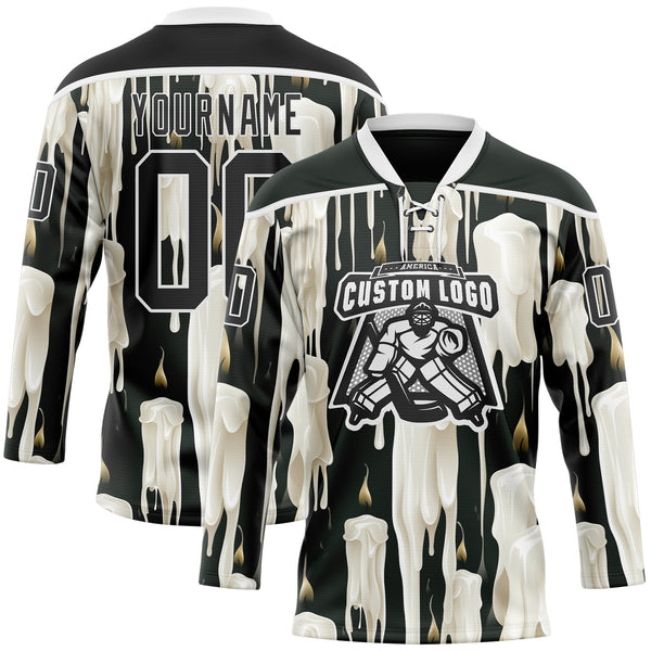 Custom Black-White Melting Candle Rave Psychedelic Lace Neck Hockey Jersey