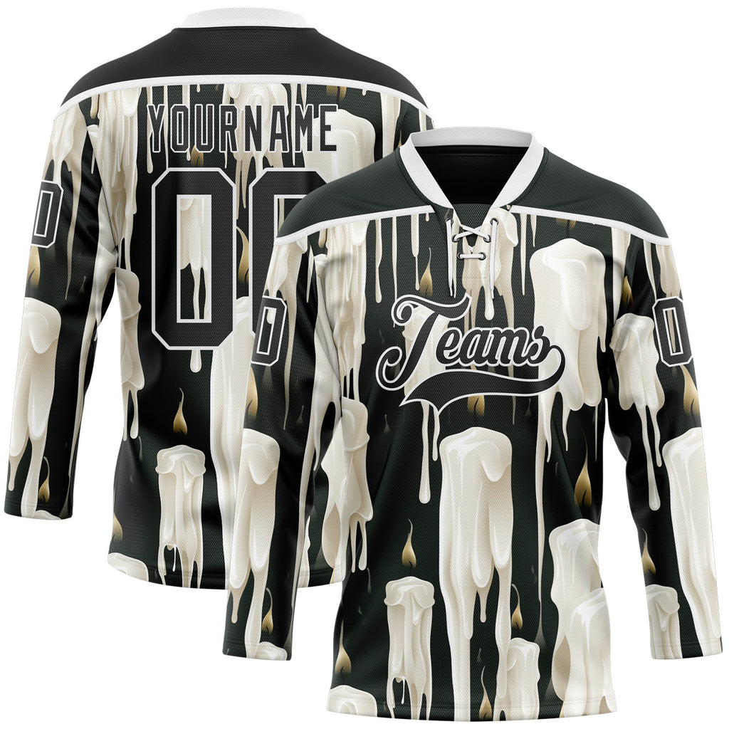 Custom Black-White Melting Candle Rave Psychedelic Lace Neck Hockey Jersey