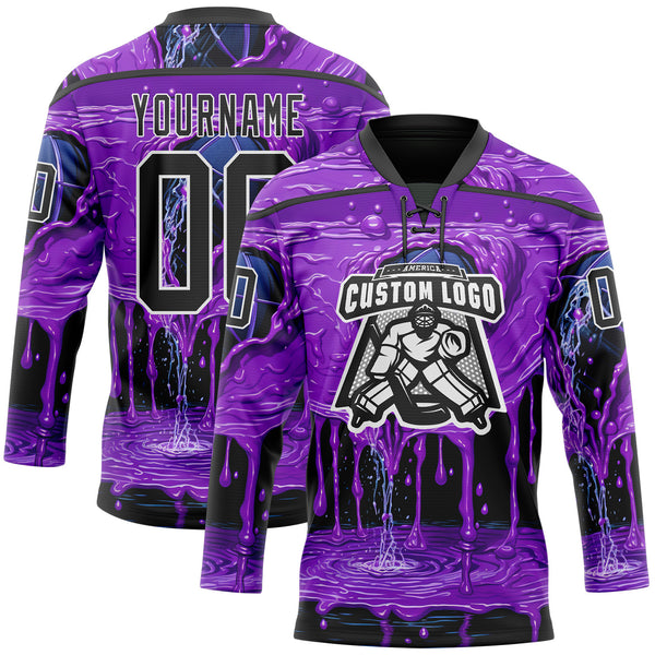 Custom Purple Black-White Melting Psychedelic Lace Neck Hockey Jersey